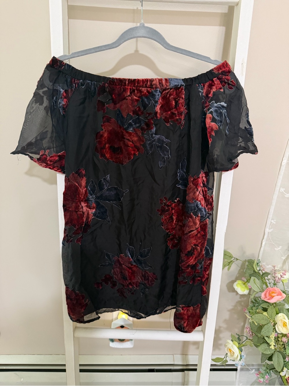As U Wish Black Off-Shoulder Dress with Red Floral Burnout